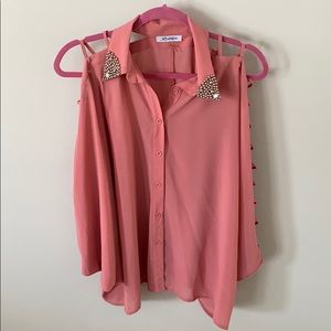 long sleeve, opens arm, jeweled collar button down
